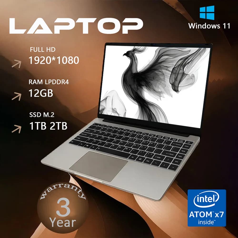 2025 Office Laptop Windows 11 Intel Atom X7 A3950 Notebook PC Gamer 12GB RAM 512GB 1TB SSD 1920*1080 Office Computer