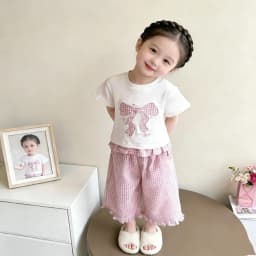 Sweet and Cute Bow Print T-shirt+checkered Wide Leg Pants Two-piece Set Korean Version 3-7 Year Old Girl Casual Suit Summer New