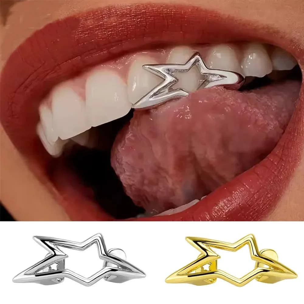 Unisex Y2K Cyber Punk Glossy Star Pentagram Tooth Caps Irregular Geometric Christmas Theme Accessory Teeth Grillz Jewelry