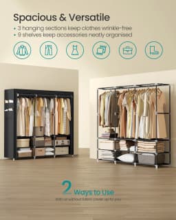 SONGMICS Clothes Wardrobe, Portable Closet, 45 x 188 x 176 cm, 3 Hanging Rails, Shelves, and 4 Side Pockets, Large Capacity