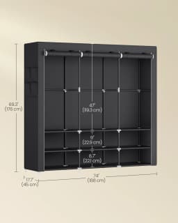 SONGMICS Clothes Wardrobe, Portable Closet, 45 x 188 x 176 cm, 3 Hanging Rails, Shelves, and 4 Side Pockets, Large Capacity