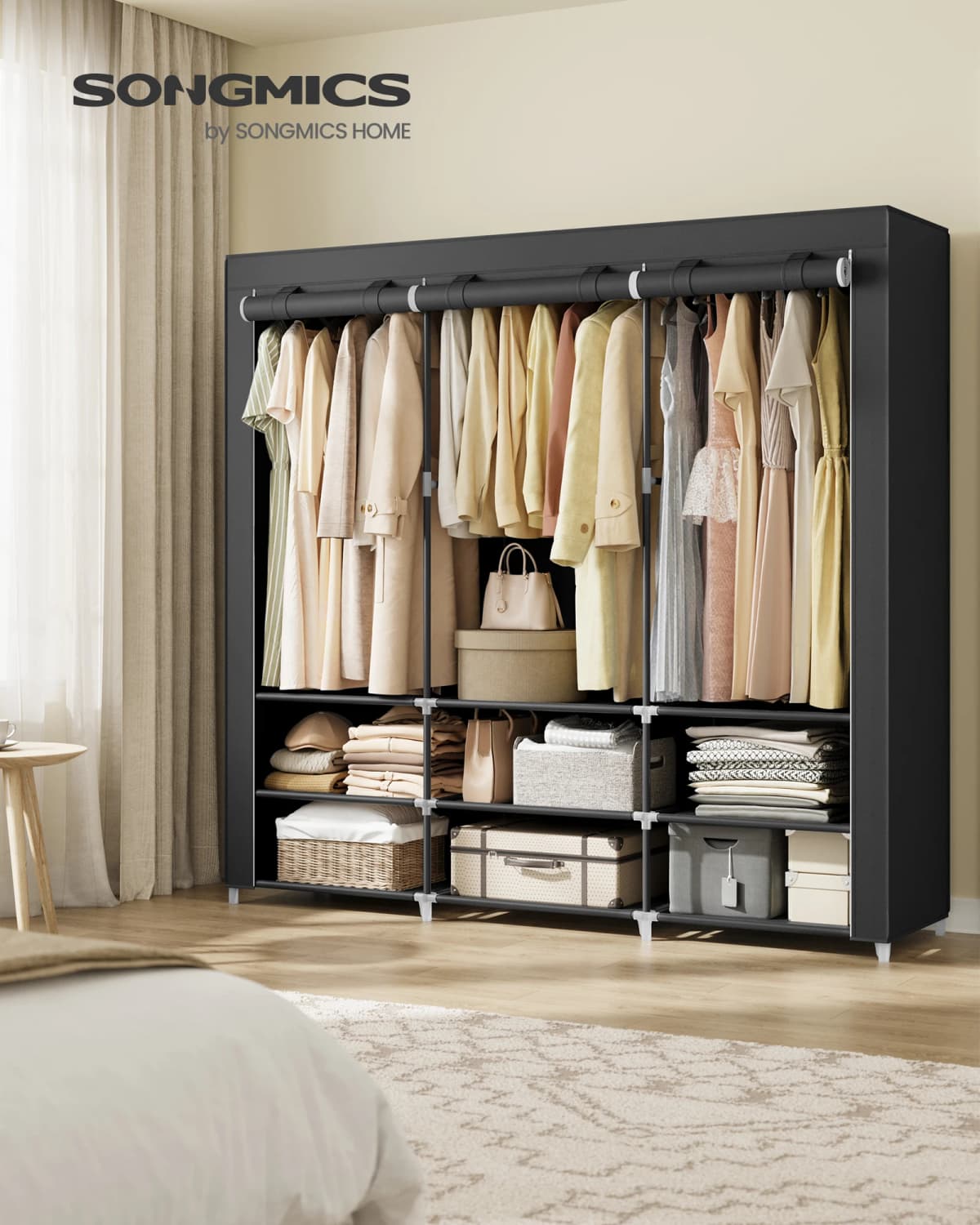 SONGMICS Clothes Wardrobe, Portable Closet, 45 x 188 x 176 cm, 3 Hanging Rails, Shelves, and 4 Side Pockets, Large Capacity
