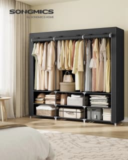 SONGMICS Clothes Wardrobe, Portable Closet, 45 x 188 x 176 cm, 3 Hanging Rails, Shelves, and 4 Side Pockets, Large Capacity