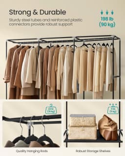SONGMICS Clothes Wardrobe, Portable Closet, 45 x 188 x 176 cm, 3 Hanging Rails, Shelves, and 4 Side Pockets, Large Capacity