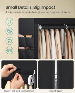 SONGMICS Clothes Wardrobe, Portable Closet, 45 x 188 x 176 cm, 3 Hanging Rails, Shelves, and 4 Side Pockets, Large Capacity