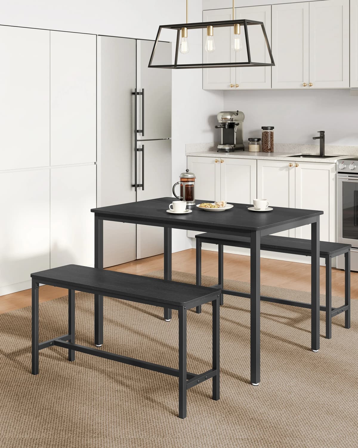 VASAGLE Dining Table with 2 Benches, 3 Piece Set, Kitchen Table of 70 x 110 x 75 cm, 2 Benches of 30 x 97 x 50 cm Each