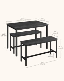 VASAGLE Dining Table with 2 Benches, 3 Piece Set, Kitchen Table of 70 x 110 x 75 cm, 2 Benches of 30 x 97 x 50 cm Each