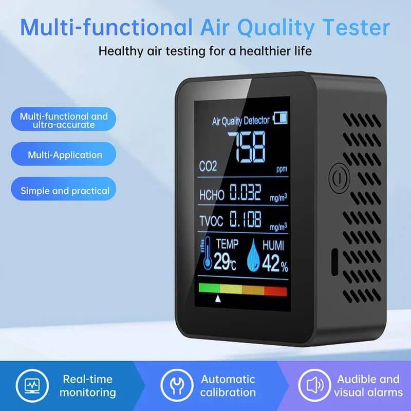 2026 5-in-1 Dioxide Detector Formaldehyde/TVOC/CO₂/Temperature/Humidity Air Quality Monitor Audible and Visual Alarm Function