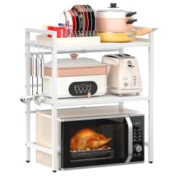 BonChoice 2/3-Tier Expandable Microwave Oven Rack Countertop for Kitchen, Microwave Shelf Stand Metal with 6 Hooks Black White