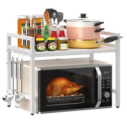 BonChoice 2/3-Tier Expandable Microwave Oven Rack Countertop for Kitchen, Microwave Shelf Stand Metal with 6 Hooks Black White