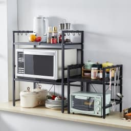 BonChoice 2/3-Tier Expandable Microwave Oven Rack Countertop for Kitchen, Microwave Shelf Stand Metal with 6 Hooks Black White