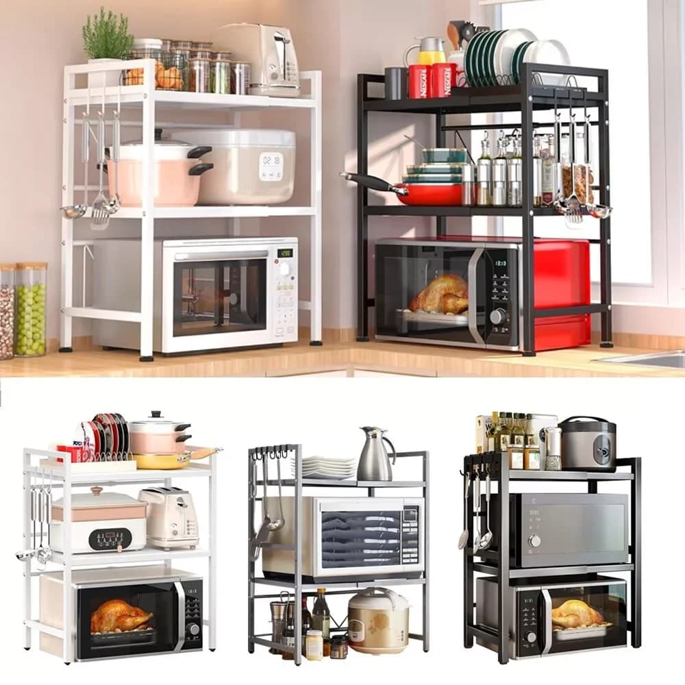 BonChoice 2/3-Tier Expandable Microwave Oven Rack Countertop for Kitchen, Microwave Shelf Stand Metal with 6 Hooks Black White
