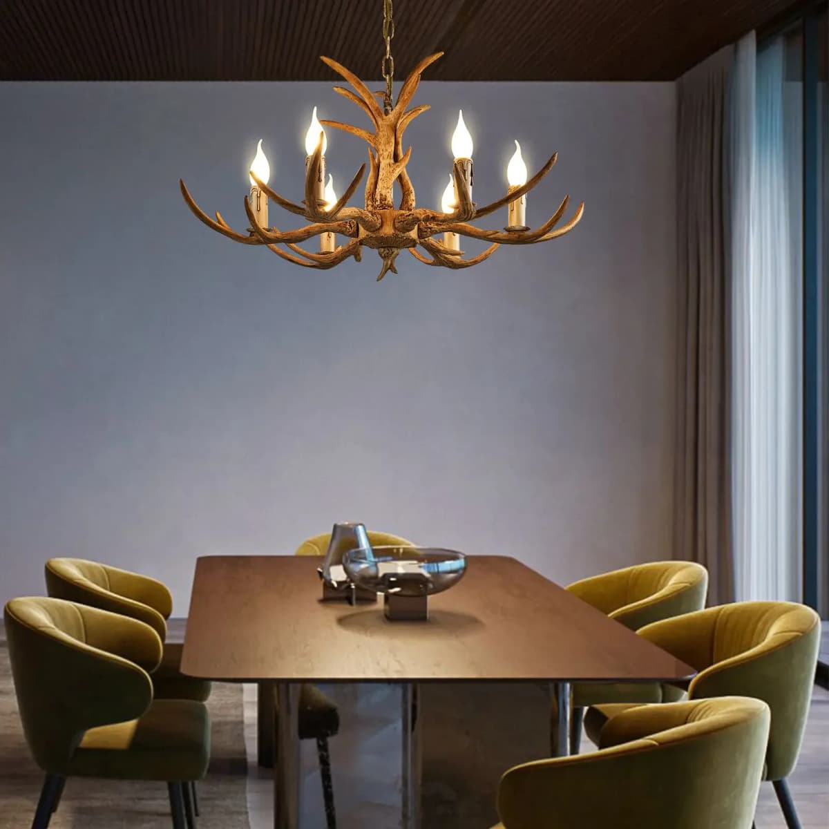Retro Brown Antler Chandelier 6 Heads Deer Horn Ceiling Light Pendant Lamp 220V
