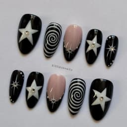 10 Pieces of Hand-Pressed Almond-Shaped Nails, Beautiful False Nails, Featuring Black Swirl Punk Stars, Suitable for Women