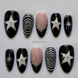 10 Pieces of Hand-Pressed Almond-Shaped Nails, Beautiful False Nails, Featuring Black Swirl Punk Stars, Suitable for Women