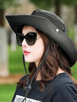 Women's Solid Color Wide Brim Sun Hat With Mesh Ventilation & Adjustable Chin Strap, Outdoor Uv Protection Bucket Hat For Hiking
