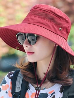 Women's Solid Color Wide Brim Sun Hat With Mesh Ventilation & Adjustable Chin Strap, Outdoor Uv Protection Bucket Hat For Hiking