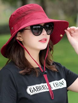 Women's Solid Color Wide Brim Sun Hat With Mesh Ventilation & Adjustable Chin Strap, Outdoor Uv Protection Bucket Hat For Hiking