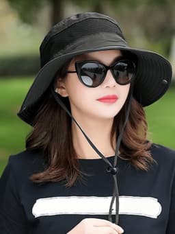 Women's Solid Color Wide Brim Sun Hat With Mesh Ventilation & Adjustable Chin Strap, Outdoor Uv Protection Bucket Hat For Hiking
