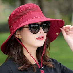Women's Solid Color Wide Brim Sun Hat With Mesh Ventilation & Adjustable Chin Strap, Outdoor Uv Protection Bucket Hat For Hiking