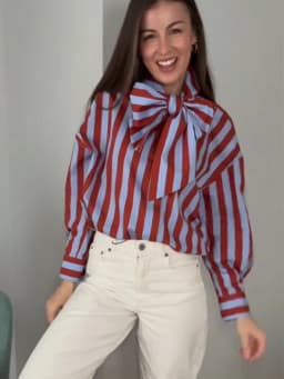 TFMLN Women Spring New Striped Shirt Elegant Bow Neck Single Breasted Loose Blouse Casual Vintage Printed Long Sleeve Shirts