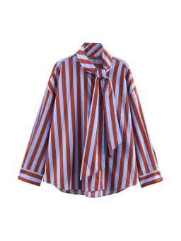 TFMLN Women Spring New Striped Shirt Elegant Bow Neck Single Breasted Loose Blouse Casual Vintage Printed Long Sleeve Shirts