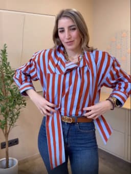 TFMLN Women Spring New Striped Shirt Elegant Bow Neck Single Breasted Loose Blouse Casual Vintage Printed Long Sleeve Shirts