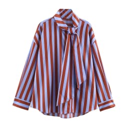 TFMLN Women Spring New Striped Shirt Elegant Bow Neck Single Breasted Loose Blouse Casual Vintage Printed Long Sleeve Shirts