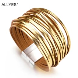 ALLYES Simple Gold Silver Color Leather Bracelets For Women Fashion 2025 Boho Multilayer Strips Wide Wrap Bracelet Jewelry