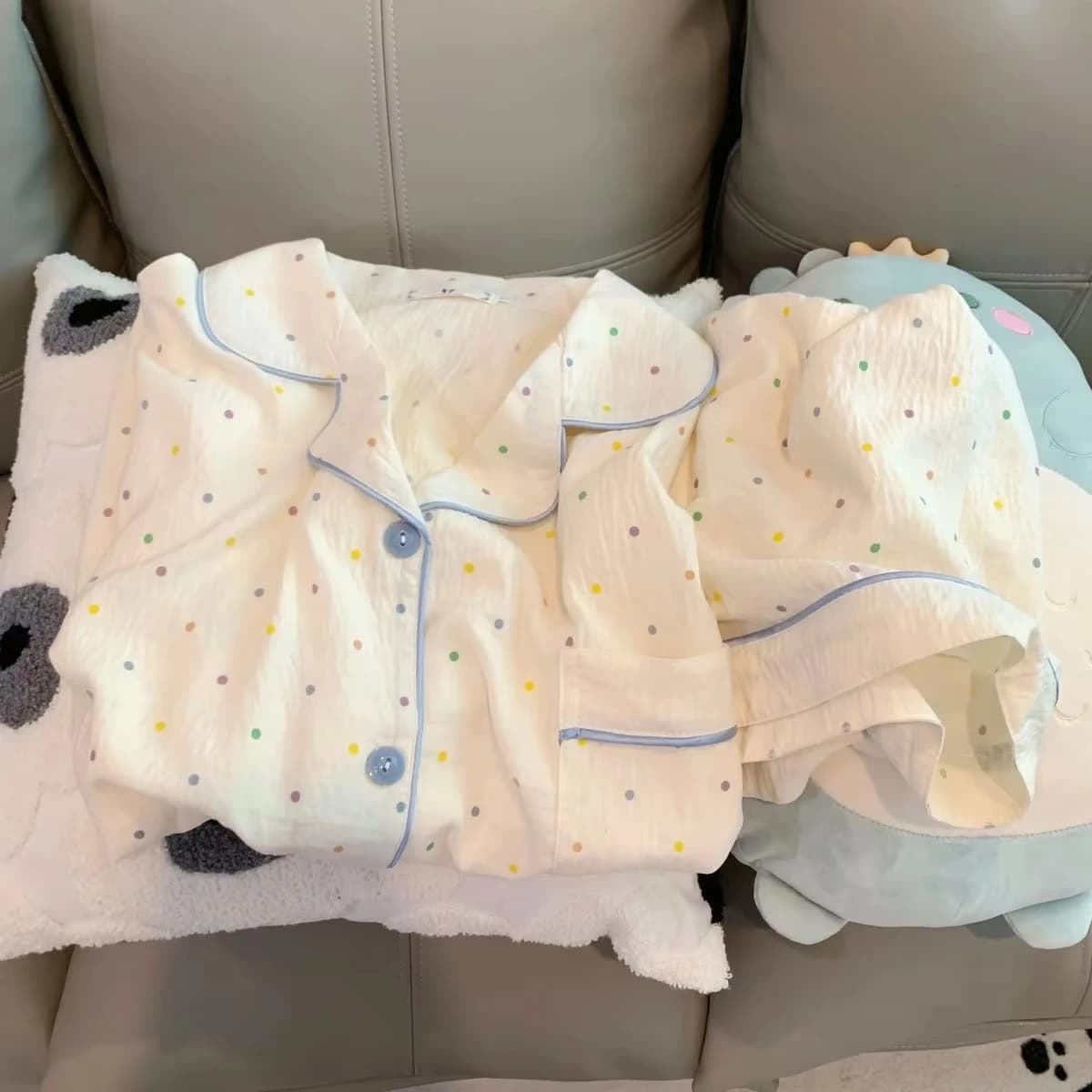 Women's printed polka dot cotton pajamas set, short sleeved top and shorts 2-piece set, casual and comfortable home set, sweet