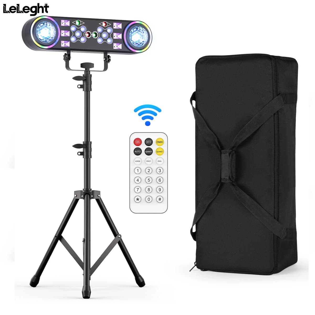 Leleght Dual-Head 7-in-1 RGBW LED Light Stand Kit with 3-Section Telescopic Tripod and Carry Bag DMX512 for Stage Party DJ