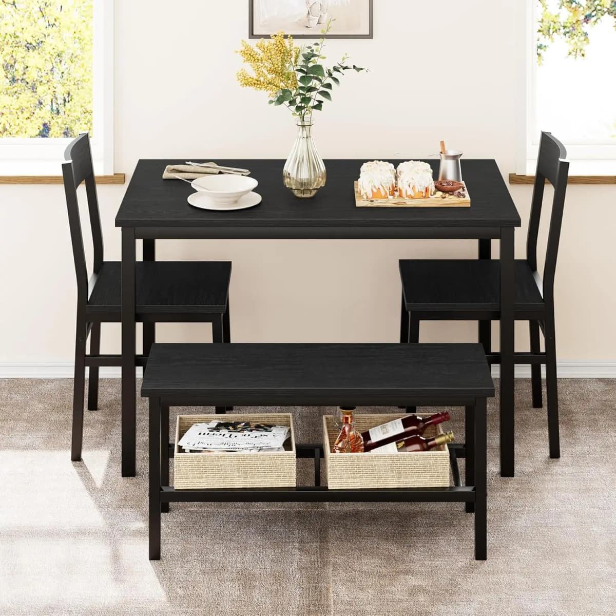 Modern Dining Room Table Set with Storage Racks Home Dining Table Set for 4 with Bench, Kitchen Table and Chairs Set
