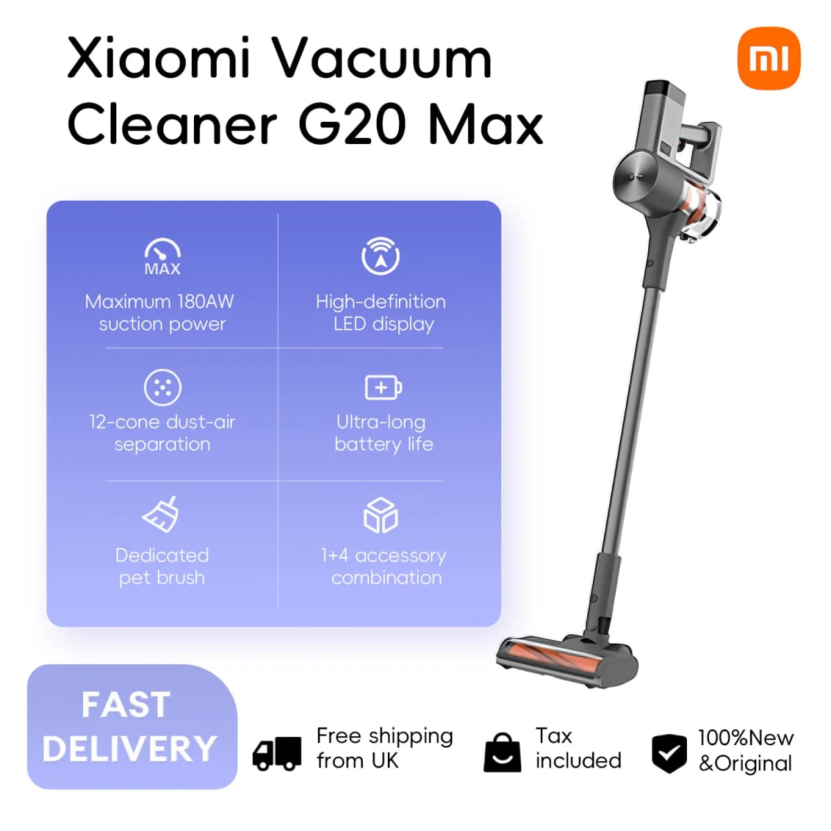 Xiaomi Vacuum Cleaner G20 Max, Mijia Wireless Hand-held Strong Suction Long Battery Life Searchlight Dust Removal Mite Suction