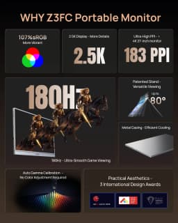 ARZOPA 16.1'' 180Hz 2.5K Portable Monitor, 2560x1440 QHD 107% SRGB, External Second Screen for Laptop, PC, PS5, Mac, Xbox-Z3FC