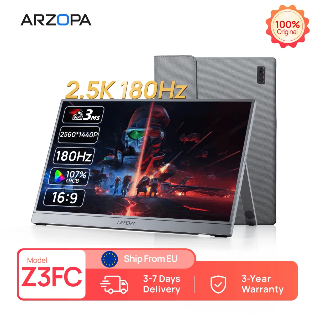 ARZOPA 16.1'' 180Hz 2.5K Portable Monitor, 2560x1440 QHD 107% SRGB, External Second Screen for Laptop, PC, PS5, Mac, Xbox-Z3FC