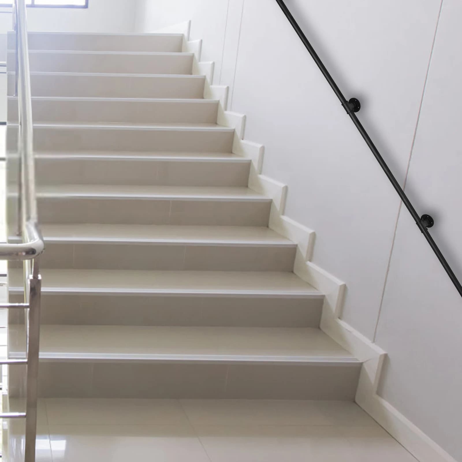 Safe Guardian Stair Handrails，Wall-mounted Galvanized Iron Pipe Metal Stair Railing,Rust and Heat Resistant，3.66m Total Length
