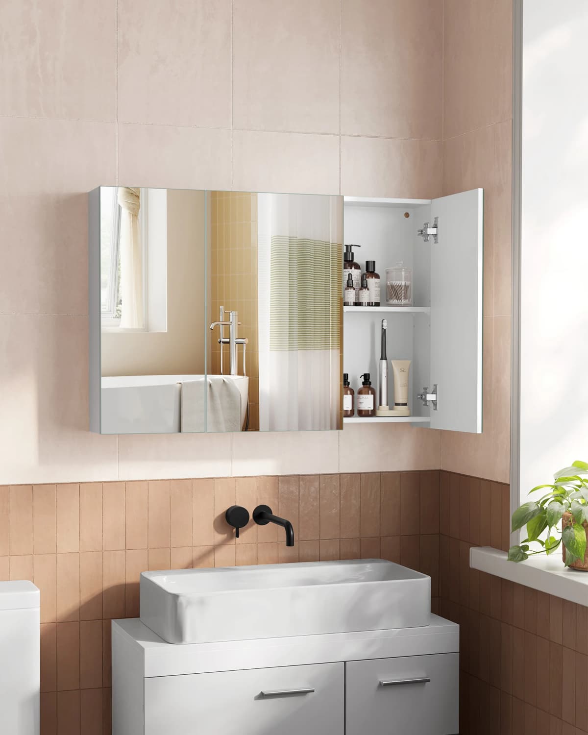 VASAGLE Wall Cabinet with Mirror, 3-Door Storage Unit, Bathroom Mirror Cabinet, 15 x 90 x 60 cm, with Adjustable Shelf