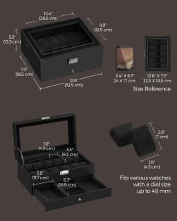 SONGMICS Watch Box, Watch Case with Glass Lid, 2-Tier Watch Display Case for 12 Watches, Lockable, 1 Drawer, Bracelets