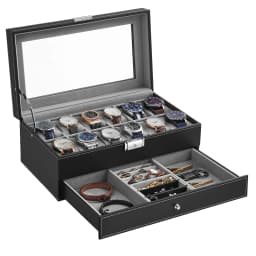 SONGMICS Watch Box, Watch Case with Glass Lid, 2-Tier Watch Display Case for 12 Watches, Lockable, 1 Drawer, Bracelets