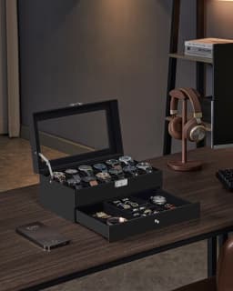 SONGMICS Watch Box, Watch Case with Glass Lid, 2-Tier Watch Display Case for 12 Watches, Lockable, 1 Drawer, Bracelets