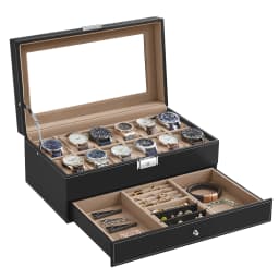 SONGMICS Watch Box, Watch Case with Glass Lid, 2-Tier Watch Display Case for 12 Watches, Lockable, 1 Drawer, Bracelets
