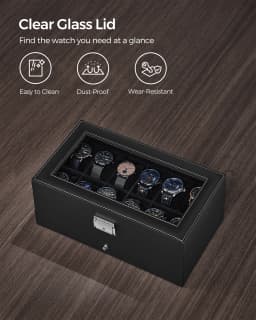 SONGMICS Watch Box, Watch Case with Glass Lid, 2-Tier Watch Display Case for 12 Watches, Lockable, 1 Drawer, Bracelets