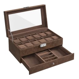 SONGMICS Watch Box, Watch Case with Glass Lid, 2-Tier Watch Display Case for 12 Watches, Lockable, 1 Drawer, Bracelets