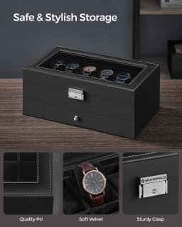 SONGMICS Watch Box, Watch Case with Glass Lid, 2-Tier Watch Display Case for 12 Watches, Lockable, 1 Drawer, Bracelets