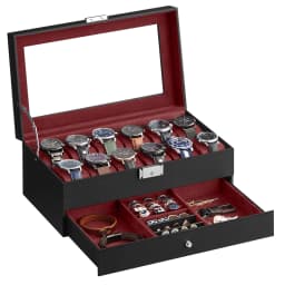 SONGMICS Watch Box, Watch Case with Glass Lid, 2-Tier Watch Display Case for 12 Watches, Lockable, 1 Drawer, Bracelets