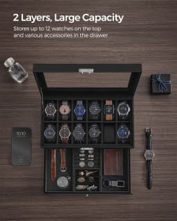 SONGMICS Watch Box, Watch Case with Glass Lid, 2-Tier Watch Display Case for 12 Watches, Lockable, 1 Drawer, Bracelets