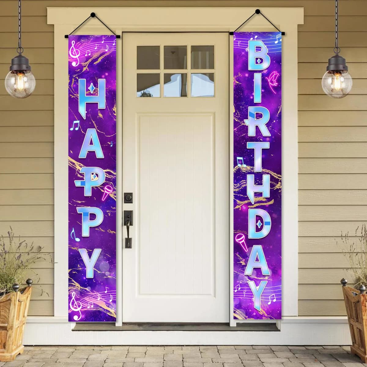Neon Happy Birthday Banner Couplet Porch Backdrop, Music Theme Party Decor & Photo Props for Girls Birthday Party Favors