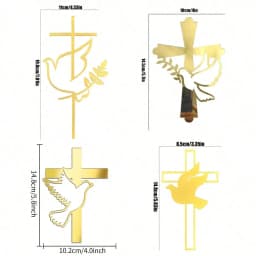 3pcs/6pcs Gold Acrylic Cross Cake Toppers Leaf Design Cake Picks for Baptism First Communion Party Decor Supplies
