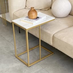 C Shaped End Snack Side Table Under Couch with Marble Top for Sofa Coffee Laptop Living Room Bedroom Small Space