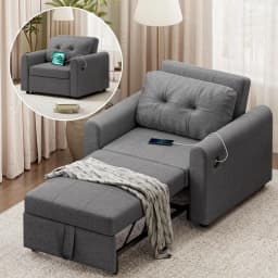 Sofa Bed, 3 in 1 Convertible Single Sofa Bed with USB & Type-C Ports, Pull Out Linen Single Sleeper Chair with Pocket